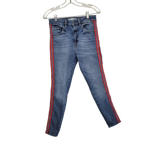 Zara Skinny Jeans Red Tuxedo Stripe Grosgrain High Rise Women 6 - Picture 2 of 12